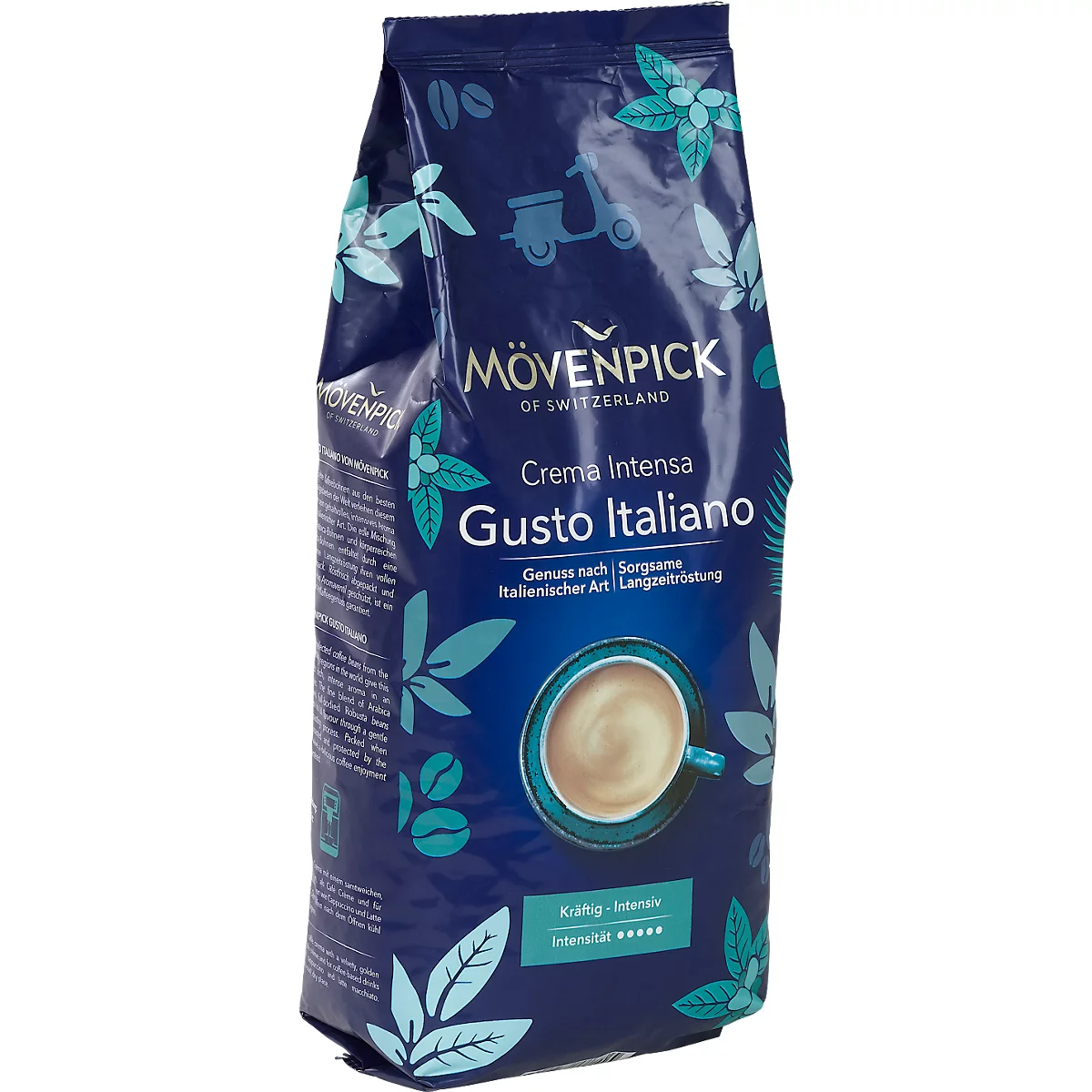 Paquet de café bleu avec "Mövenpick Crema Intensa Gusto Italiano" et un dessin de tasse à café.