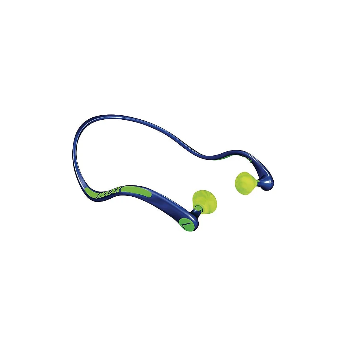 Écouteurs de sport bleus avec des bouchons d'oreille verts et des accents verts. Le tour de cou est courbé et porte l'inscription 'iLuv'.