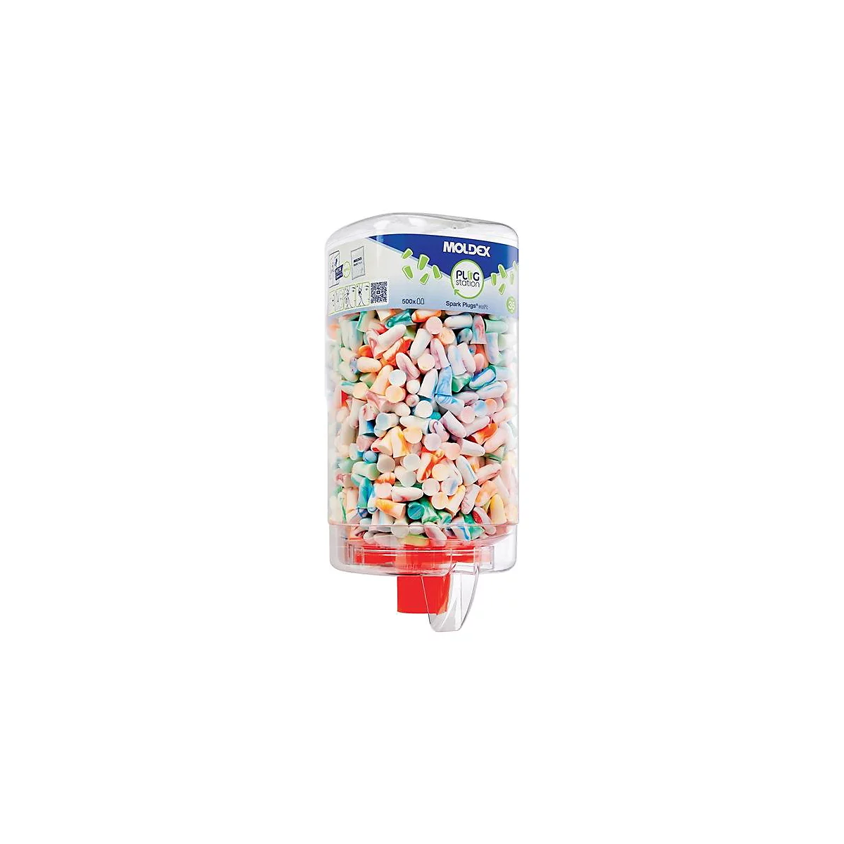 Distributeur transparent avec bouchons d'oreille colorés. Inscription : Moldex, Plugs Station. Bouton de distribution rouge.