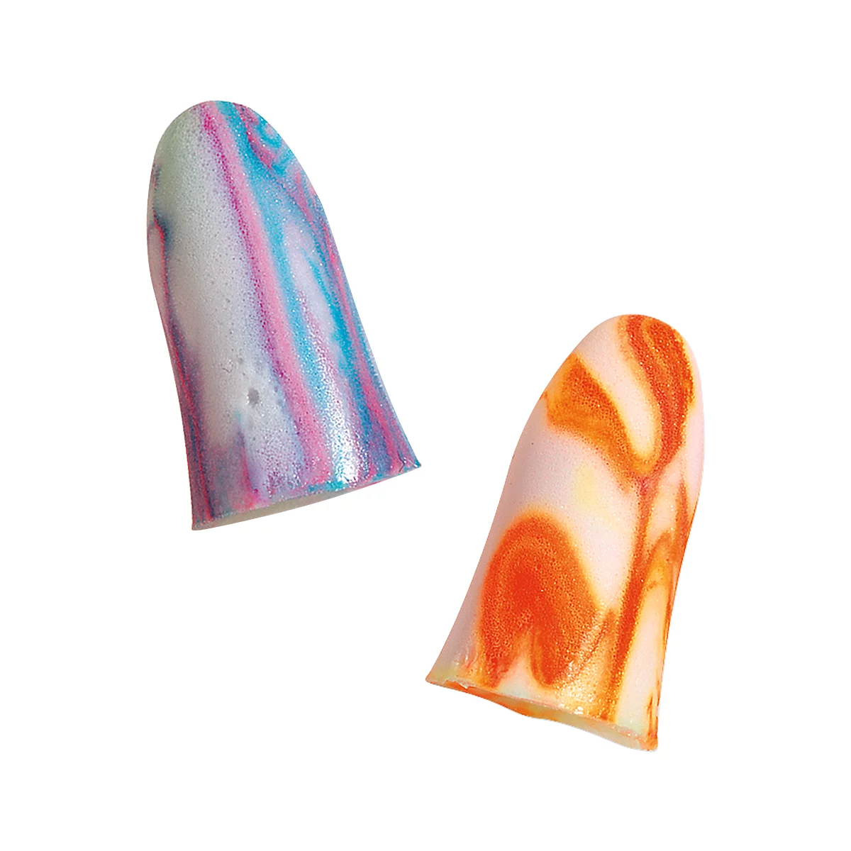 Two earplugs, one in blue, pink, and white, the other in orange and yellow, both in the shape of cones.