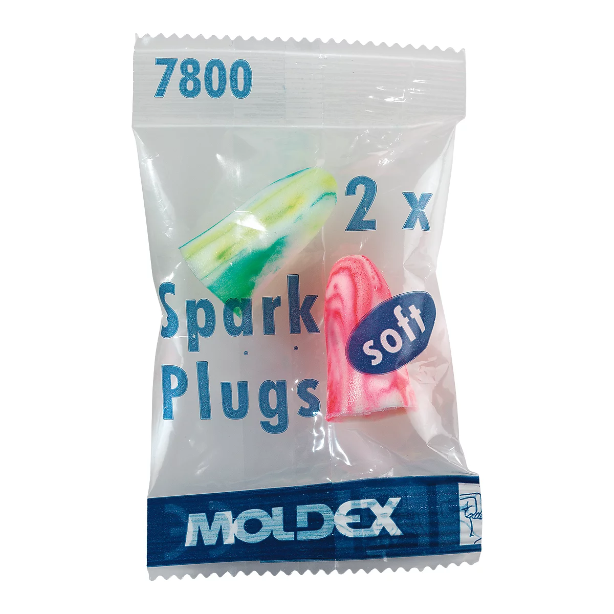 Two earplugs in a plastic bag. Green-yellow and red-white marbled. Inscription: Spark Plugs, soft.