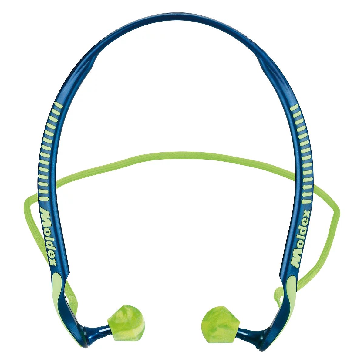 Blue and green ear protection. Headband with earplugs, brand: Moldex.