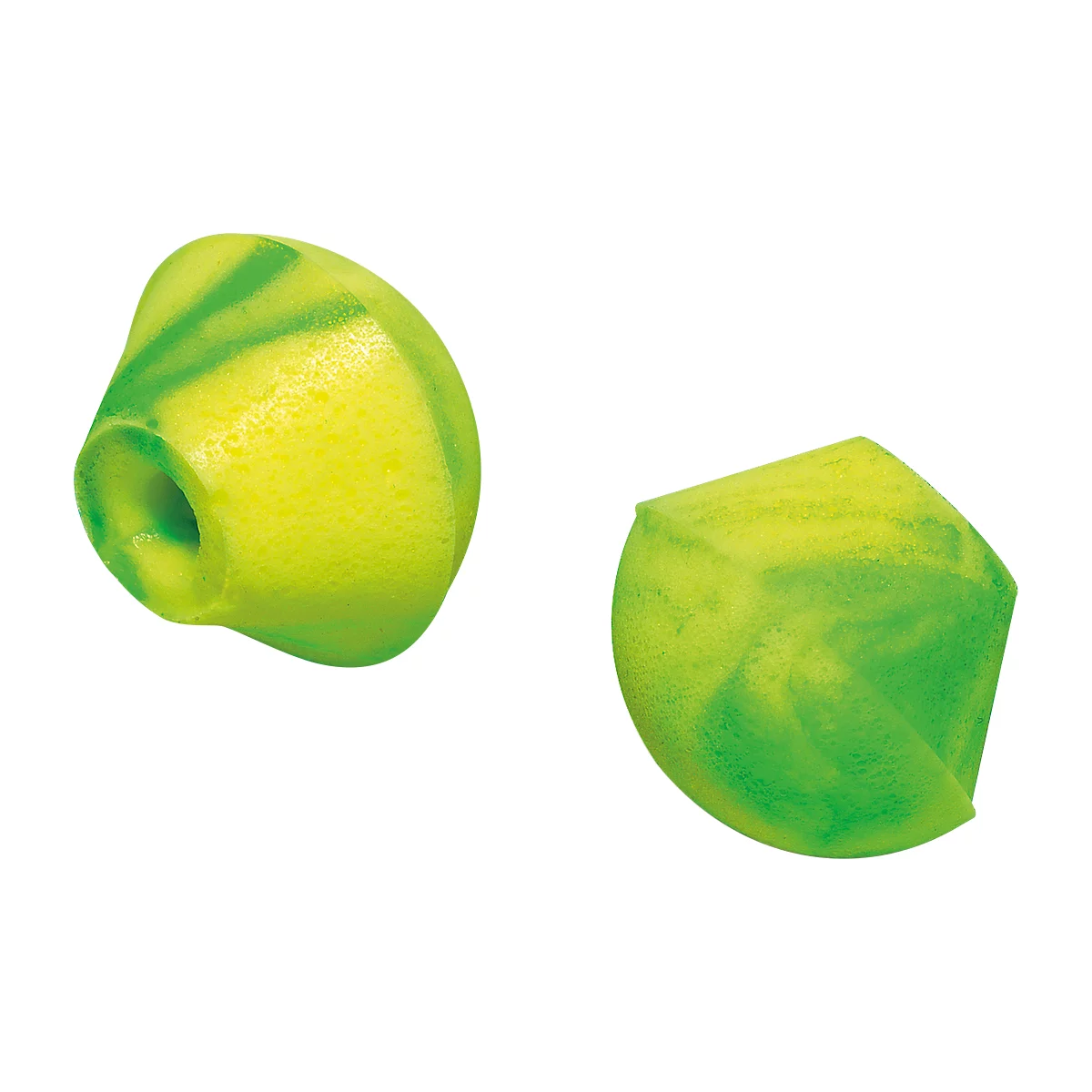 Two yellow-green earplugs with a wavy shape and a hole. One is intact, the other cut.