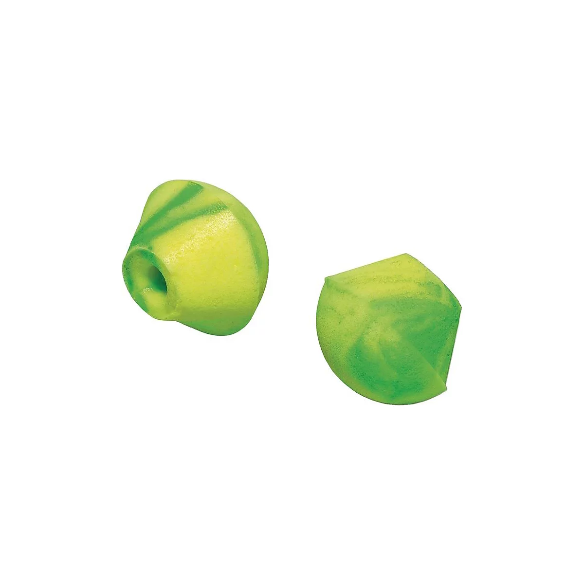 Twee oorvormige oordopjes van geel schuim met groene strepen. Eén laat de opening zien, de andere een platte kant.