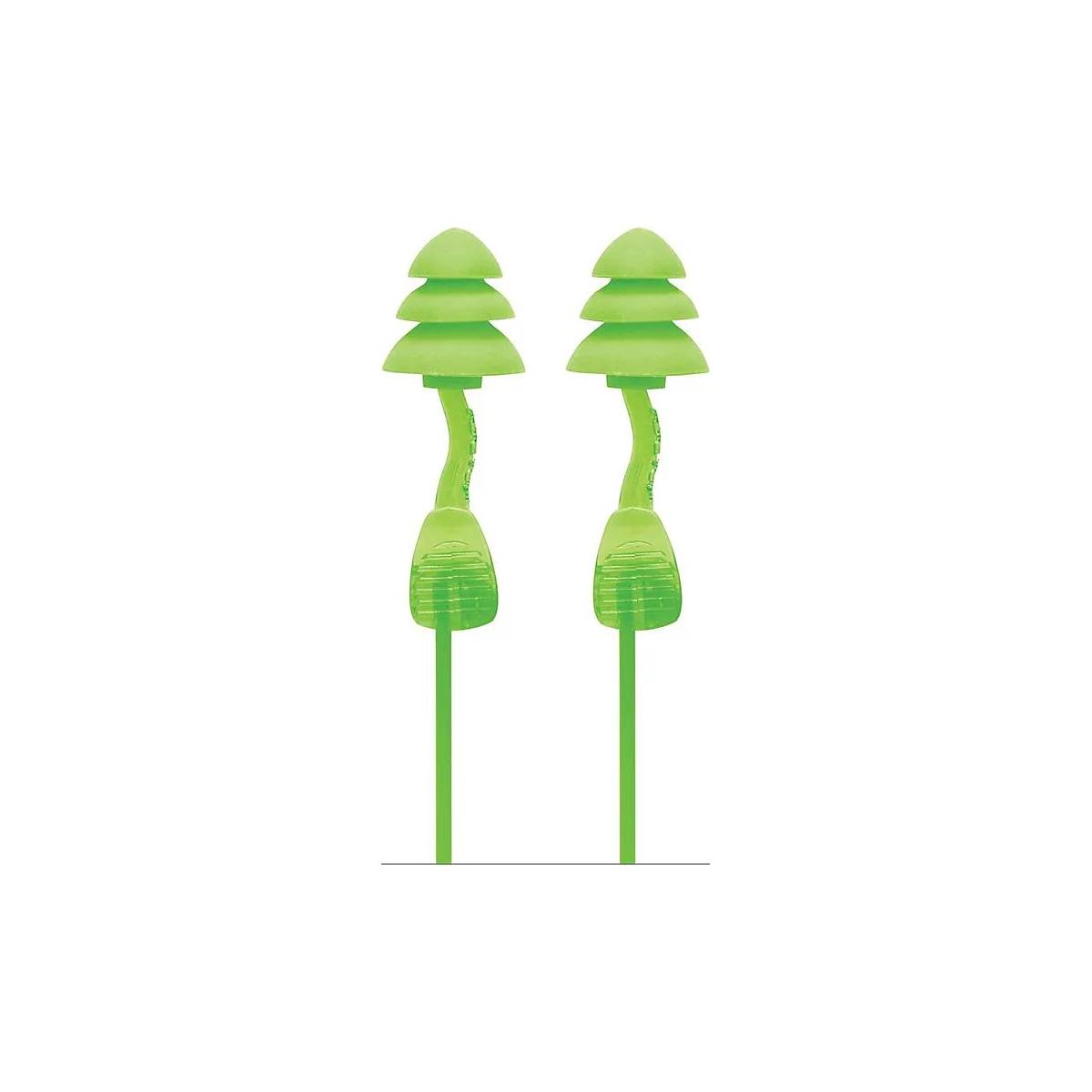 Twee groene oordopjes in de vorm van een kerstboom.