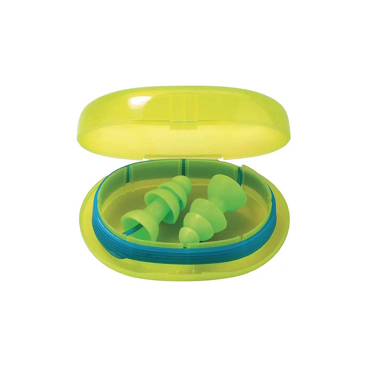 Bouchons d'oreille verts dans un étui ovale jaune avec une bordure bleue. Le couvercle est ouvert.