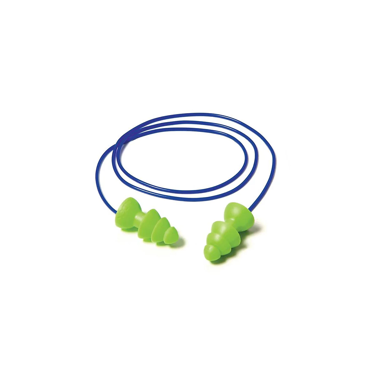 Bouchons d'oreille verts avec un cordon bleu sur fond blanc.
