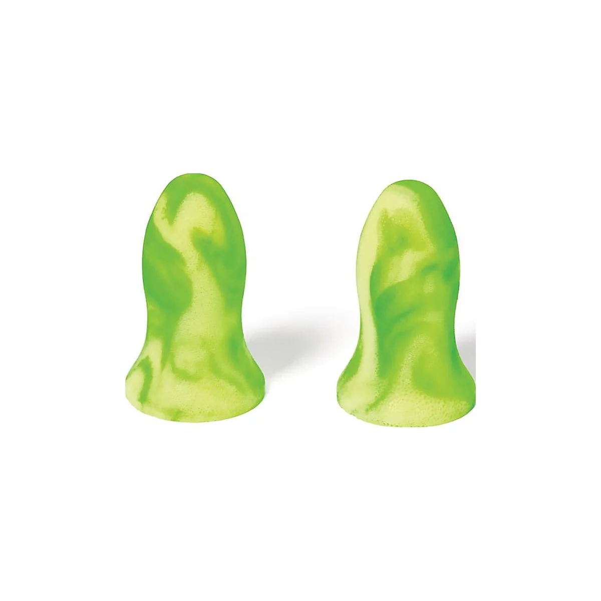 Deux bouchons d'oreille verts et marbrés sur fond blanc.