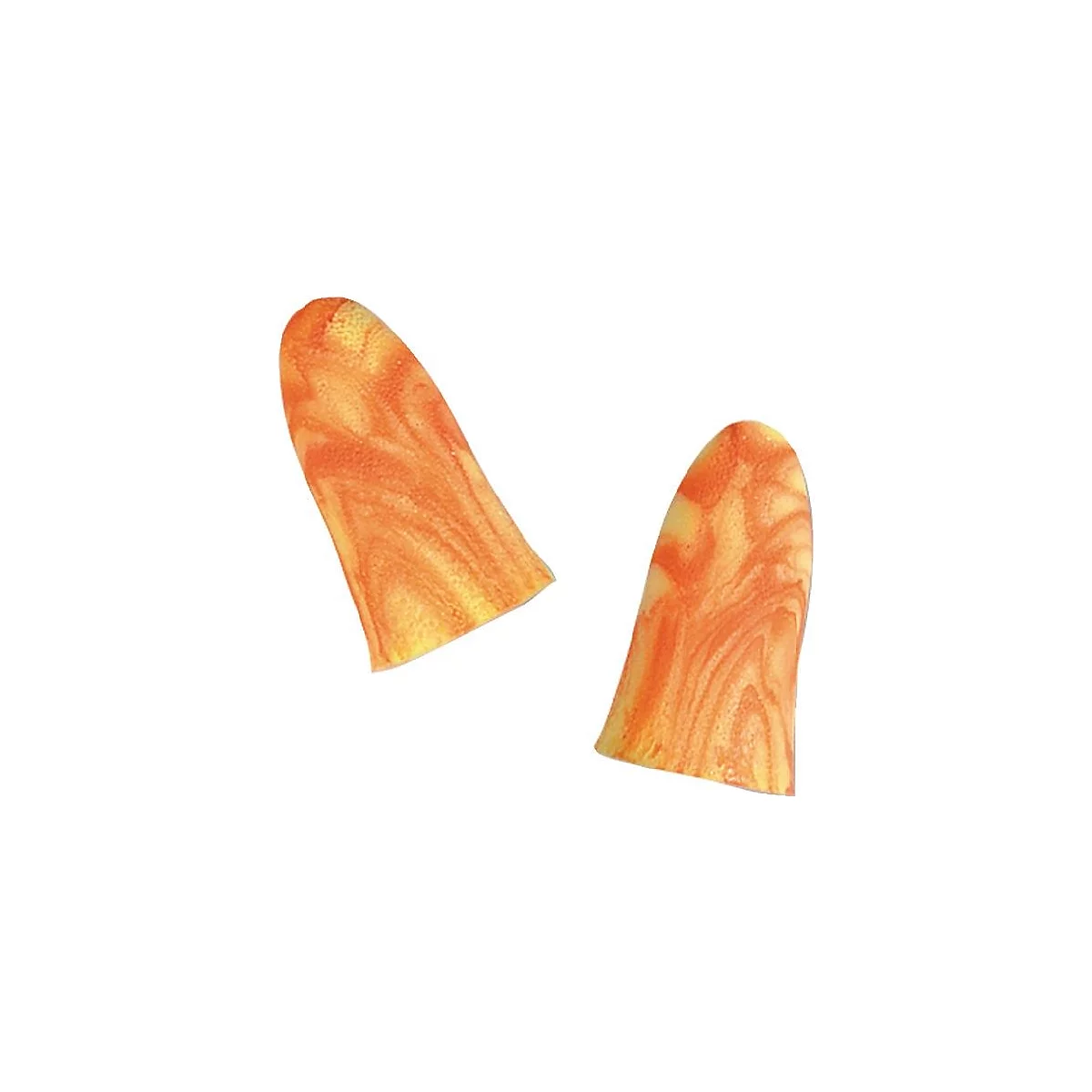 Deux bouchons d'oreille en mousse orange avec un motif tourbillonnant.