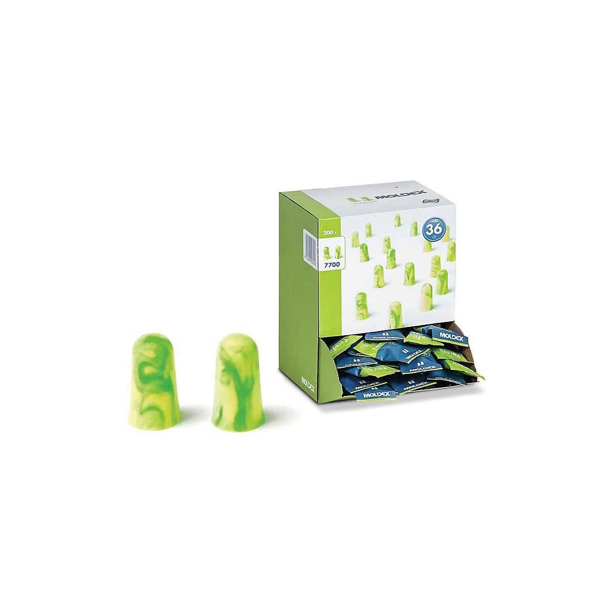 Bouchons d'oreilles verts et jaunes avec carton. L'emballage indique "MOLDEX" et d'autres informations.