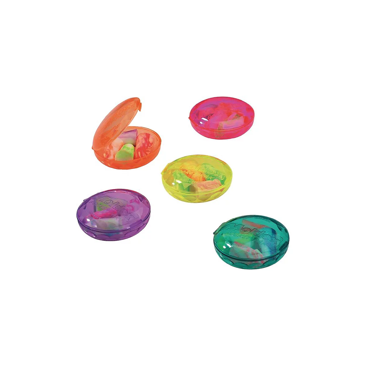 Cinq conteneurs ovales transparents avec des bouchons d'oreille colorés. Un conteneur est ouvert.