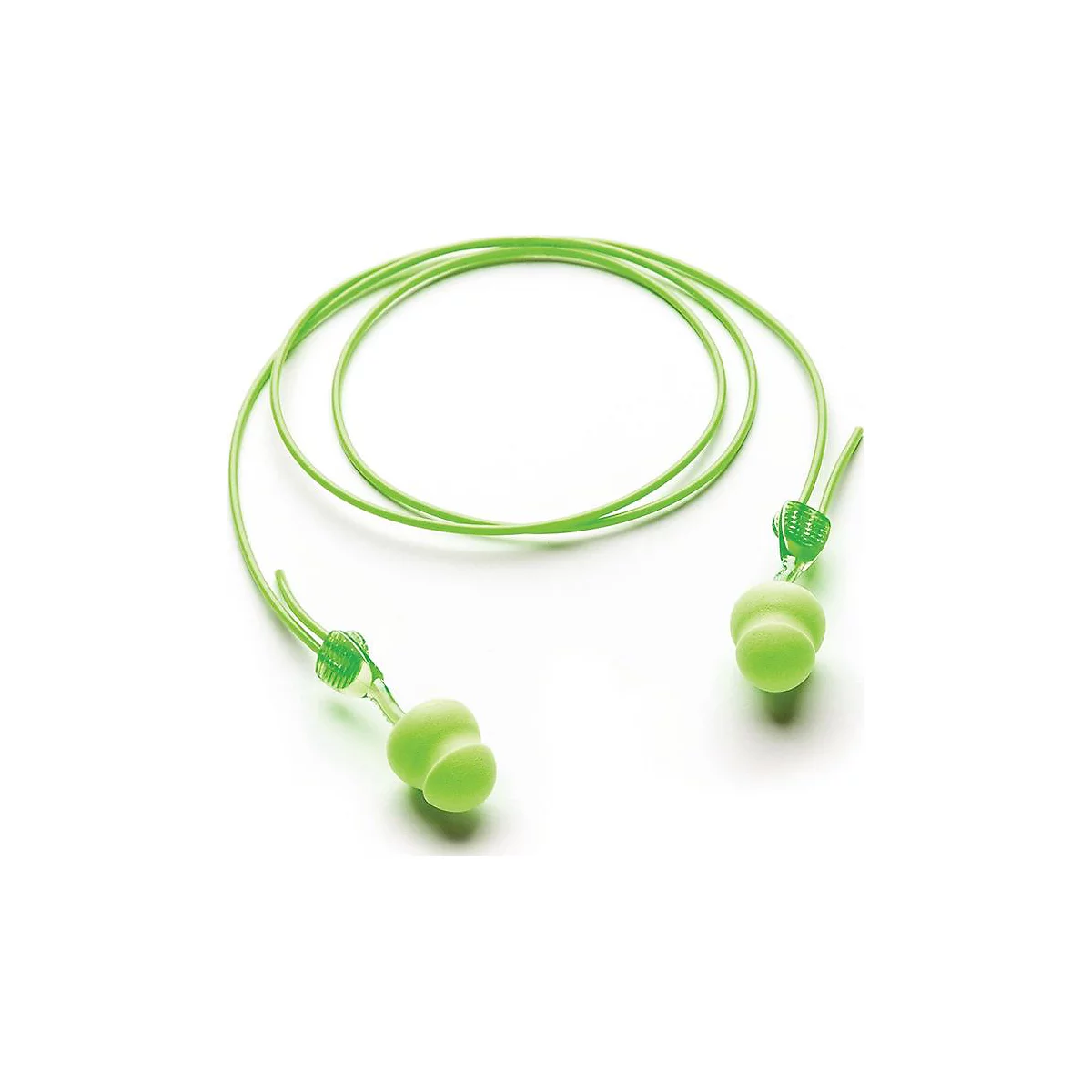 Bouchons d'oreille vert clair avec un cordon sur fond blanc. Chaque embout a une forme ronde et une petite pointe.