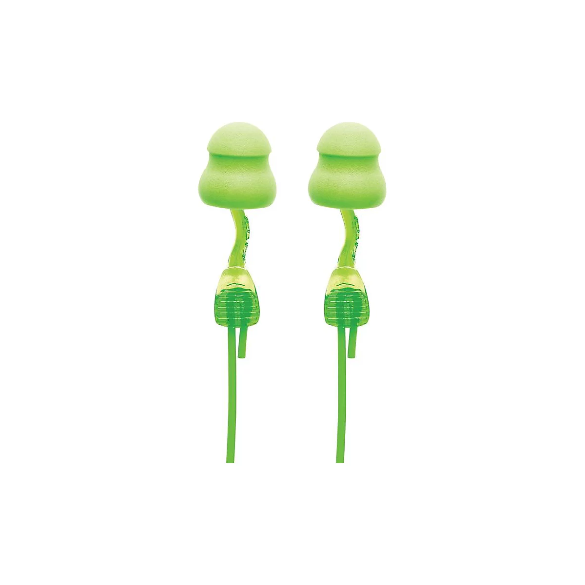 Deux bouchons d'oreilles verts avec des embouts en forme de champignon sur fond blanc.
