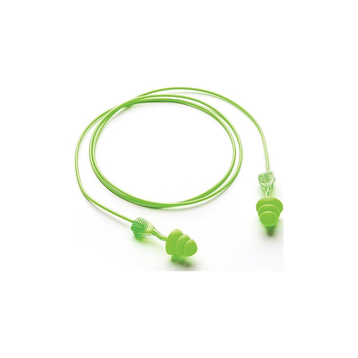 Bouchons d'oreille vert clair avec cordon sur fond blanc.