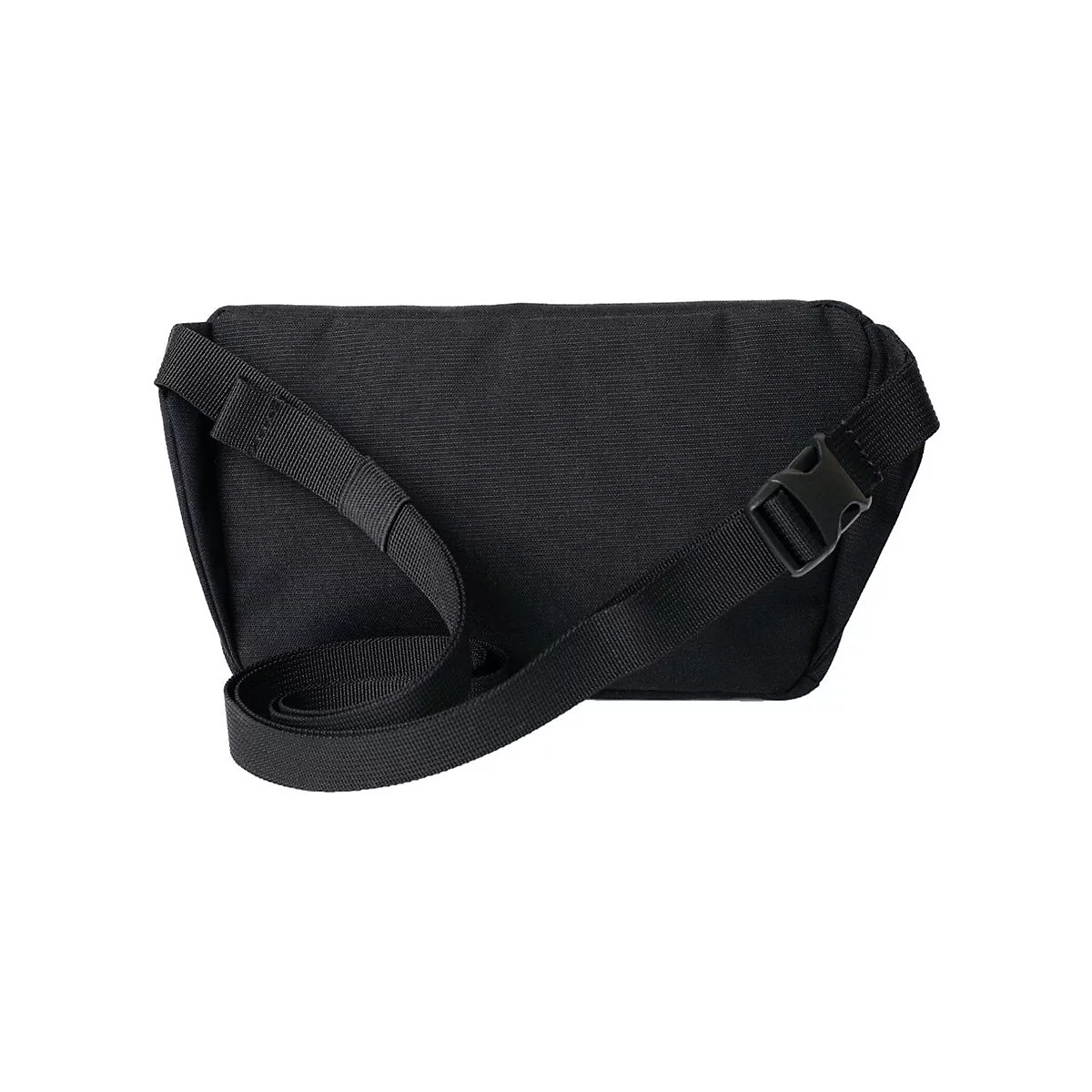 Rückseite einer schwarzen Gürteltasche mit verstellbarem Gurt und Kunststoff-Steckschnalle auf weißem Hintergrund.