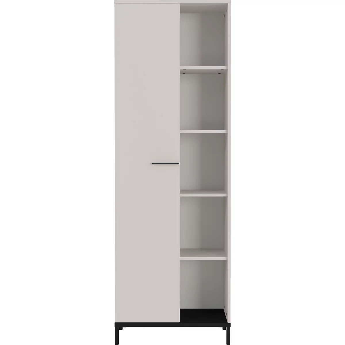 Lichtgrijze kast, een deel is gesloten, de andere met open planken.