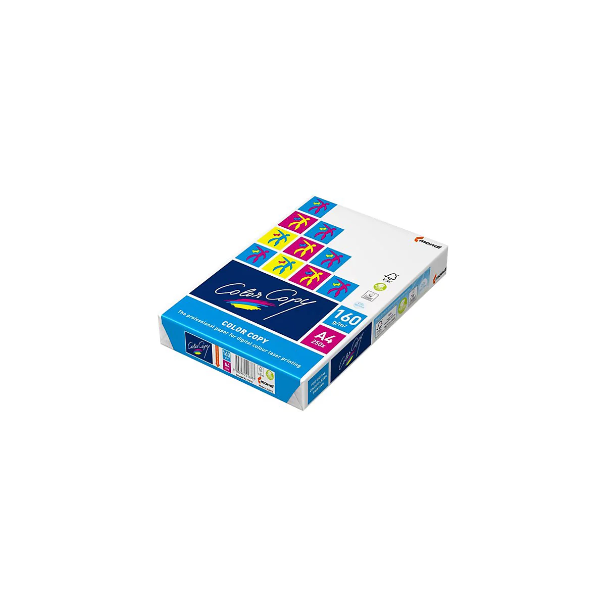 Eine Packung Mondi Color Copy A4 Papier mit 160 g/m² in weiß-blauer Verpackung mit farbigem Muster.
