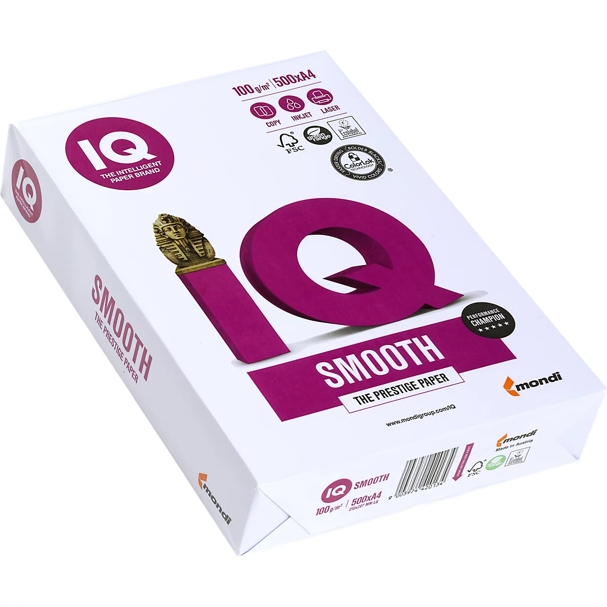 Papierpak met het IQ-logo, "Smooth" belettering en Mondi-logo.