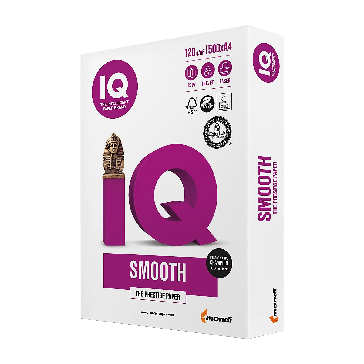 Een pak wit papier, merk IQ. Met paarse accenten, logo, belettering en certificeringen.