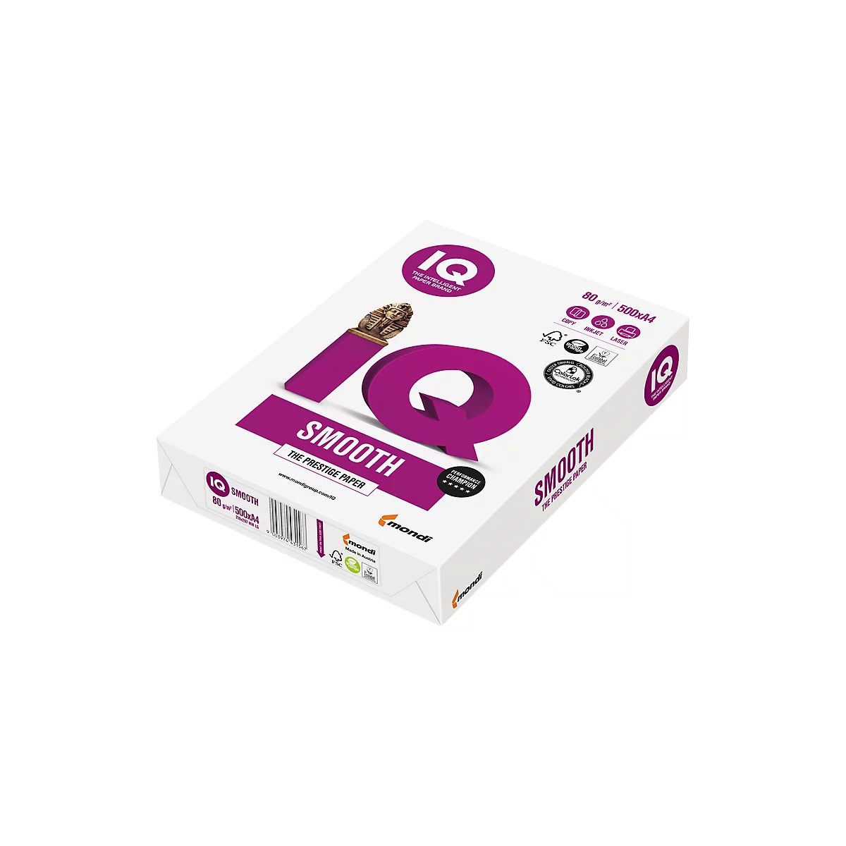 Een pak wit papier IQ Smooth. Opdruk: IQ, Smooth, 80 g/m², 500xA4. Merk: Mondi.