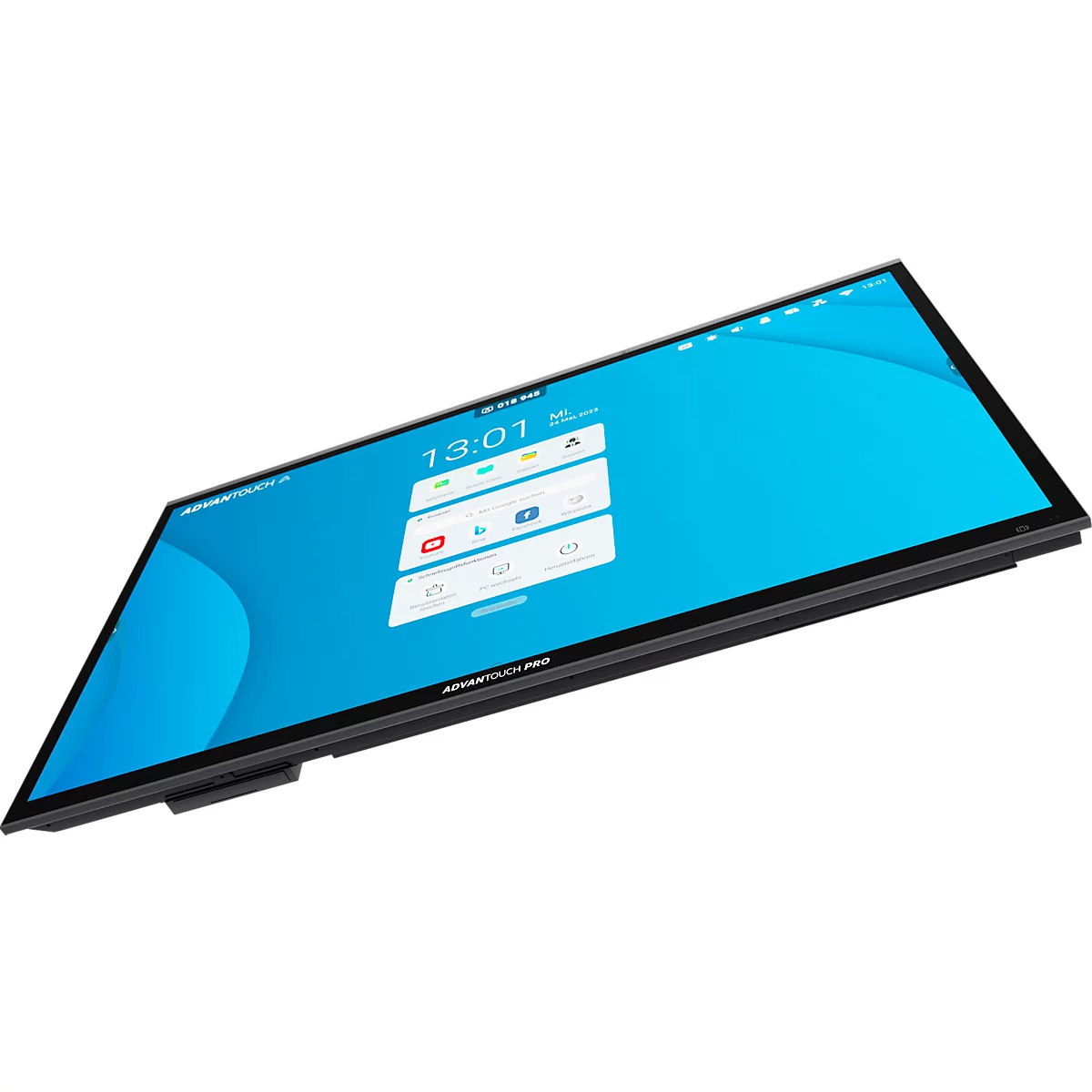 Grand écran tactile noir avec fond bleu, heure et icônes d'applications. L'appareil est représenté légèrement en biais.