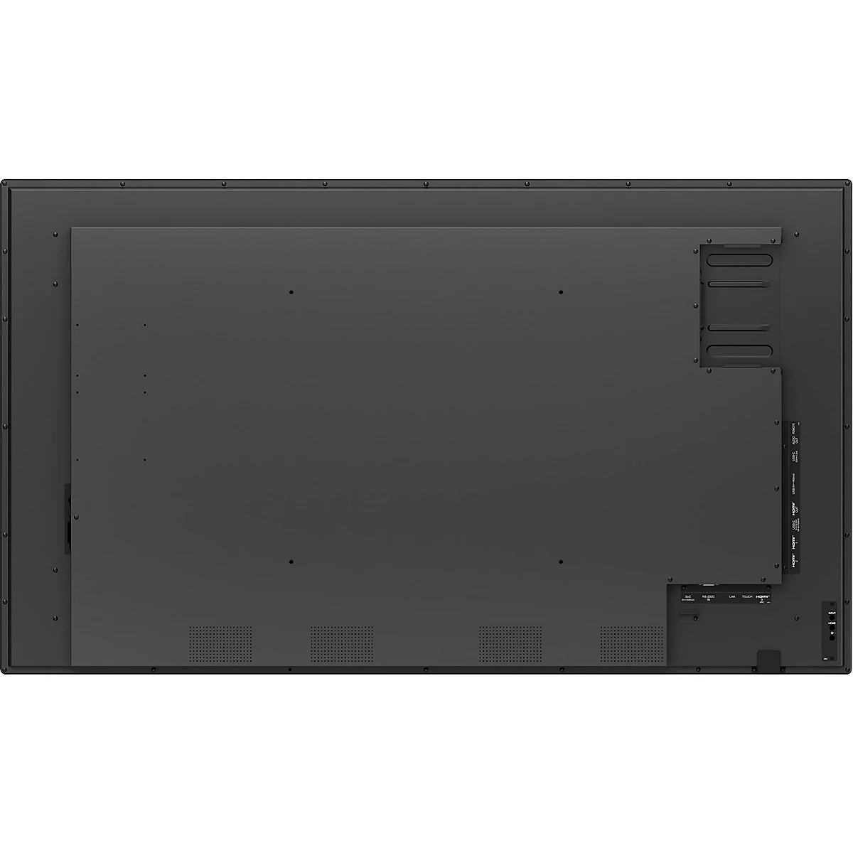 Vue de dessus de l'arrière d'un grand écran noir avec ports et supports.