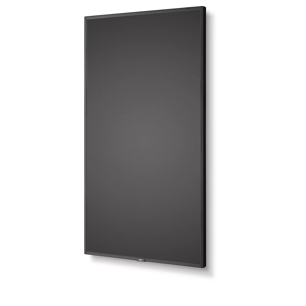 Un écran noir rectangulaire monté sur un mur blanc.