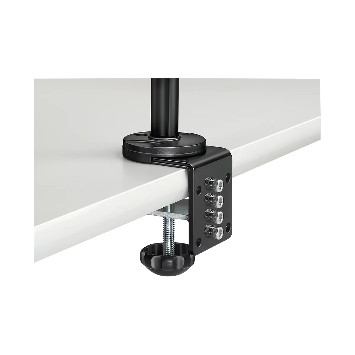 Black desk clamp attached to white tabletop. The clamp has a screw and is intended for a monitor arm.