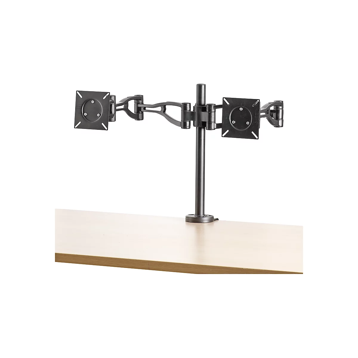 Black dual monitor arm to which two monitors can be attached, standing on a light wooden desk.