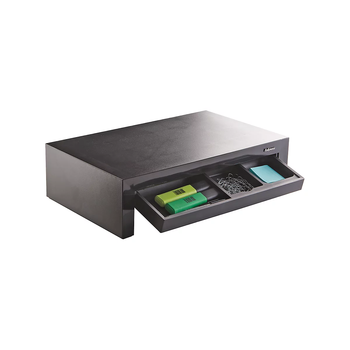 Black desk organizer with open drawer. Inside: markers, paper clips, sticky notes.