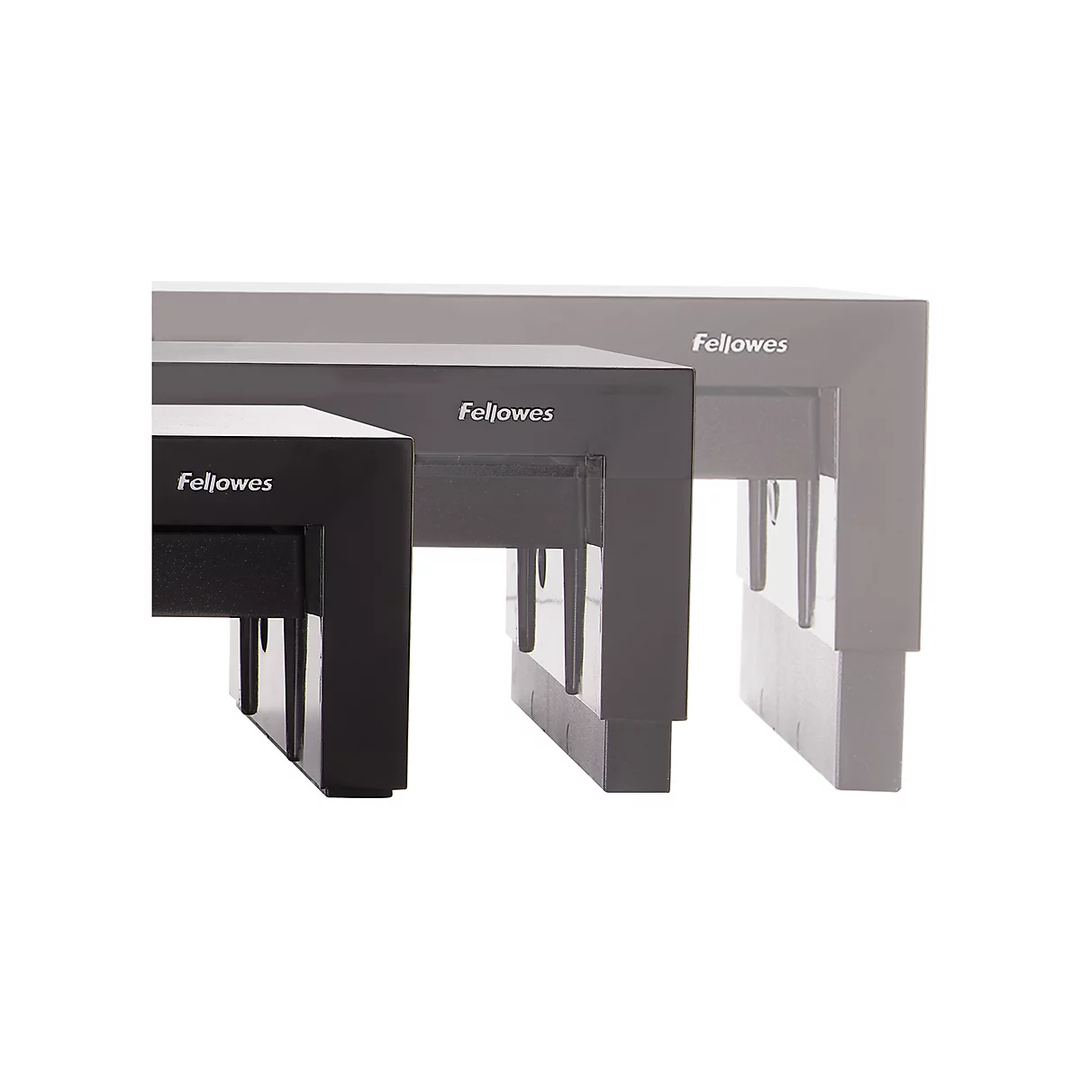 Three adjustable monitor stands in black, gray, and light gray, with the "Fellowes" logo.