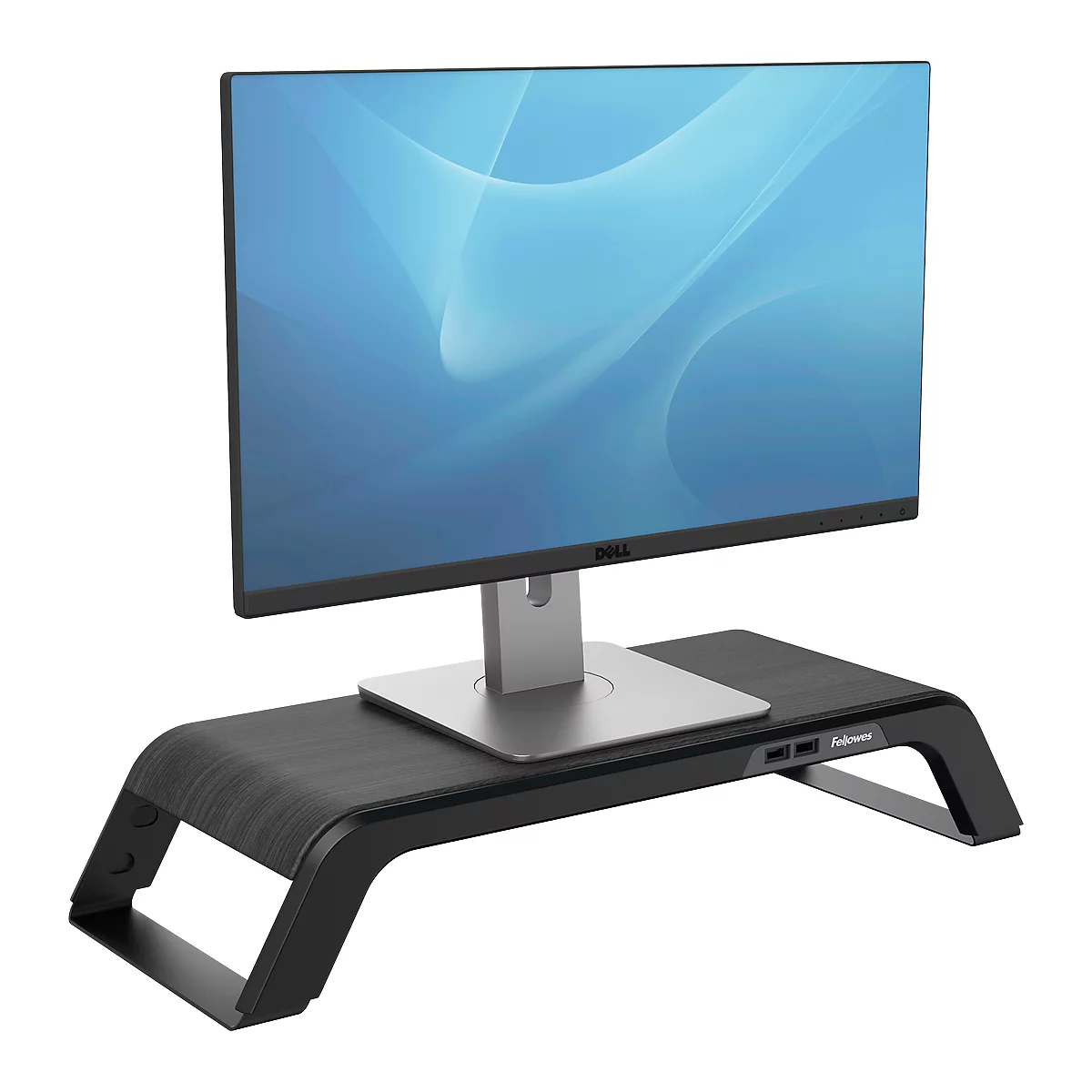 A Dell monitor sits on a black monitor stand.