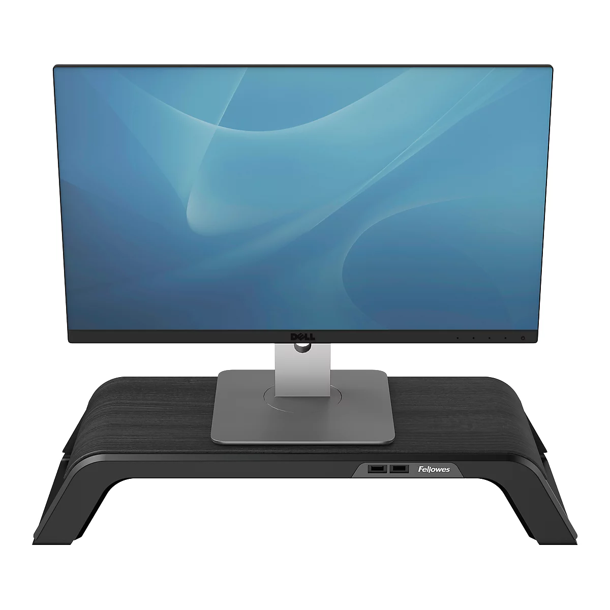 Monitor on a wooden monitor stand, Dell brand. The stand has a black surface and two USB ports.