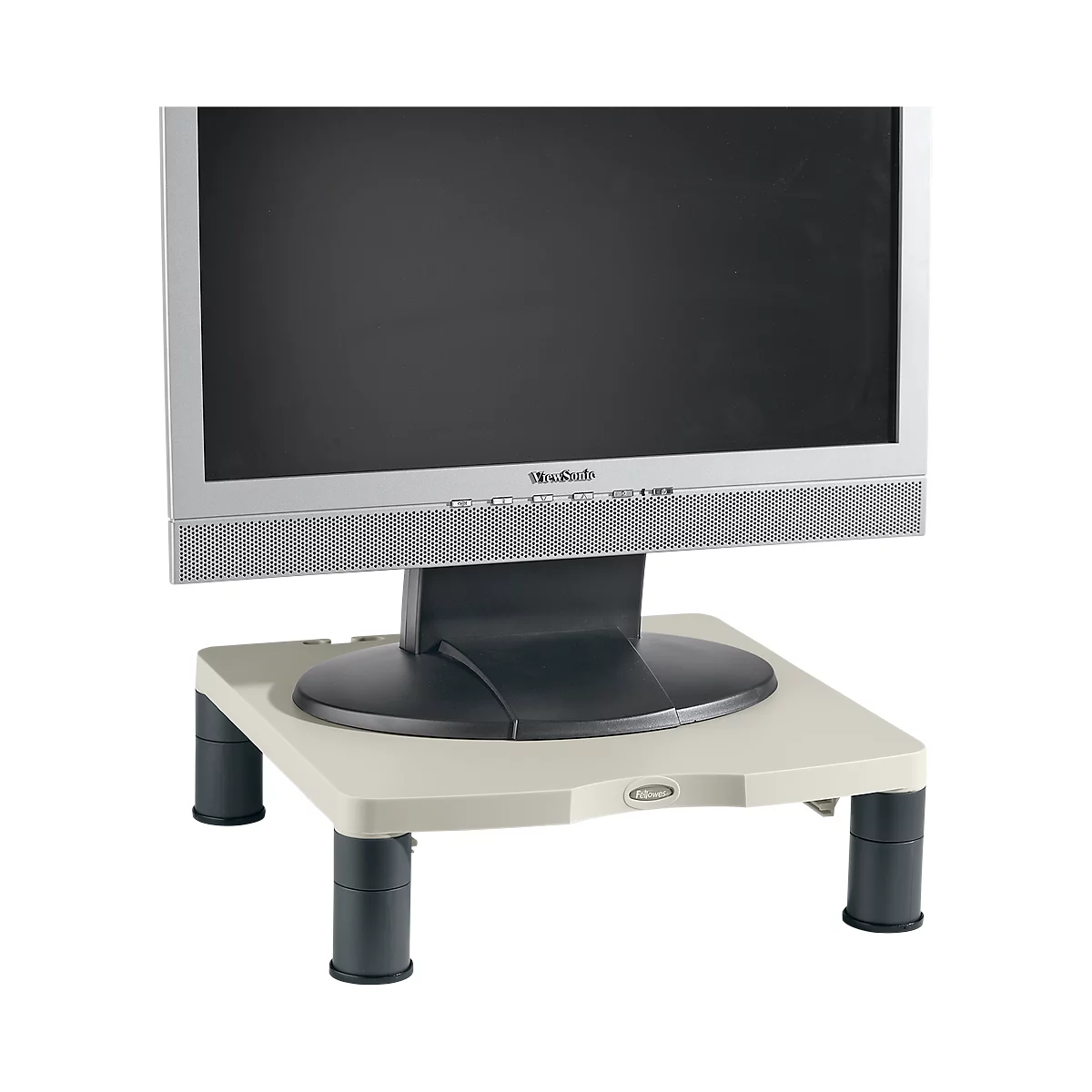 Monitor on a gray stand. The display is black, the frame silver. The stand has four dark legs.