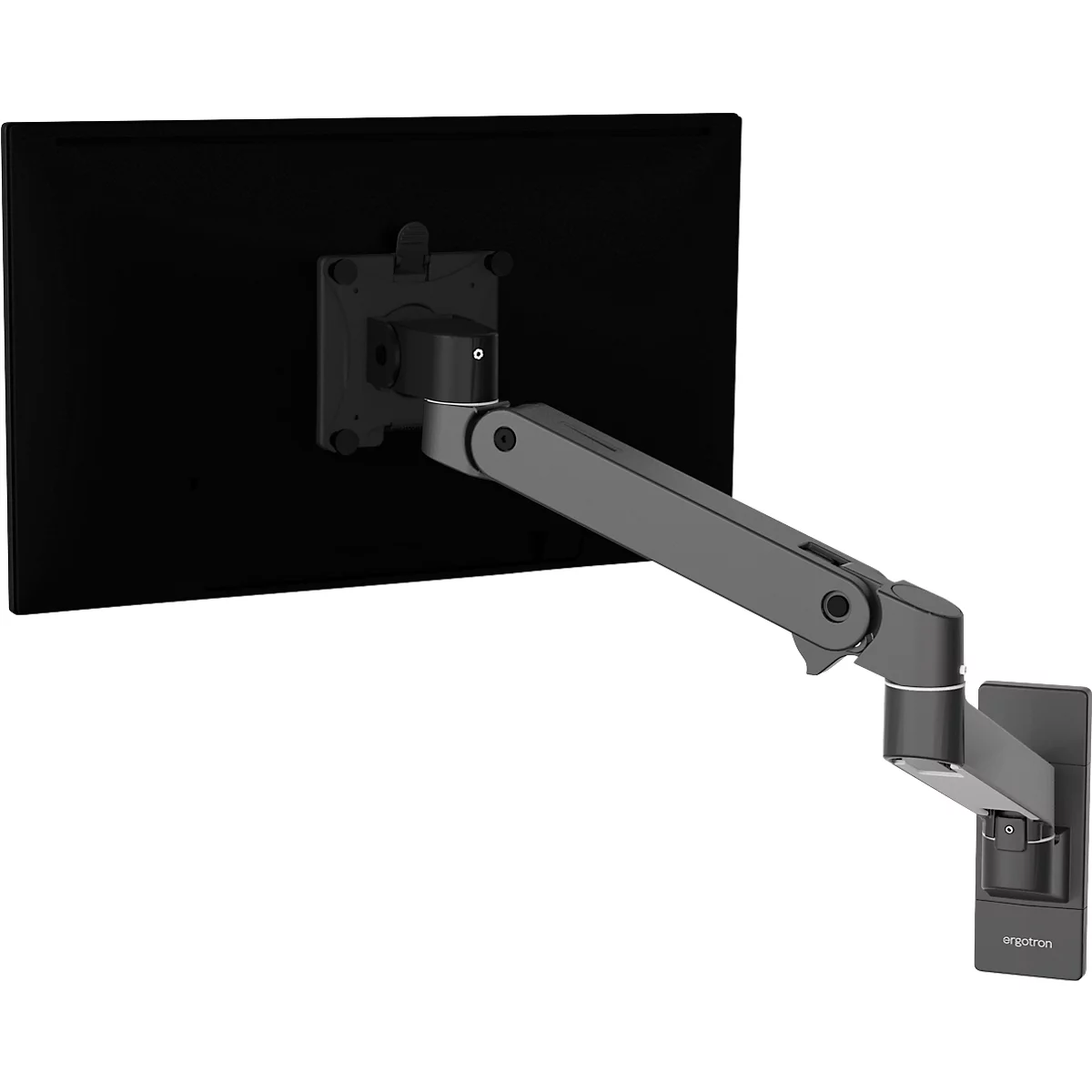Schwarzer Monitor mit Arm an der Wand. Der Monitor ist an einem verstellbaren Arm befestigt.