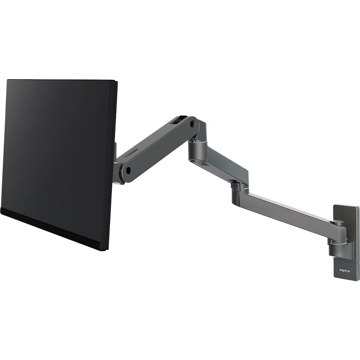 Grauer Monitorarm an Wand mit schwarzem Bildschirm. Bewegliche Konstruktion.