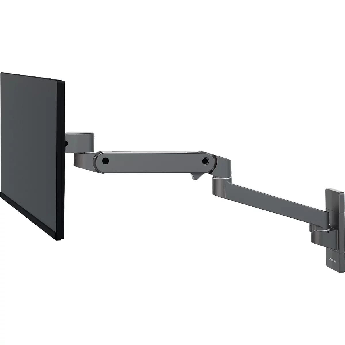 Graue Monitorhalterung an der Wand montiert, mit Monitor.