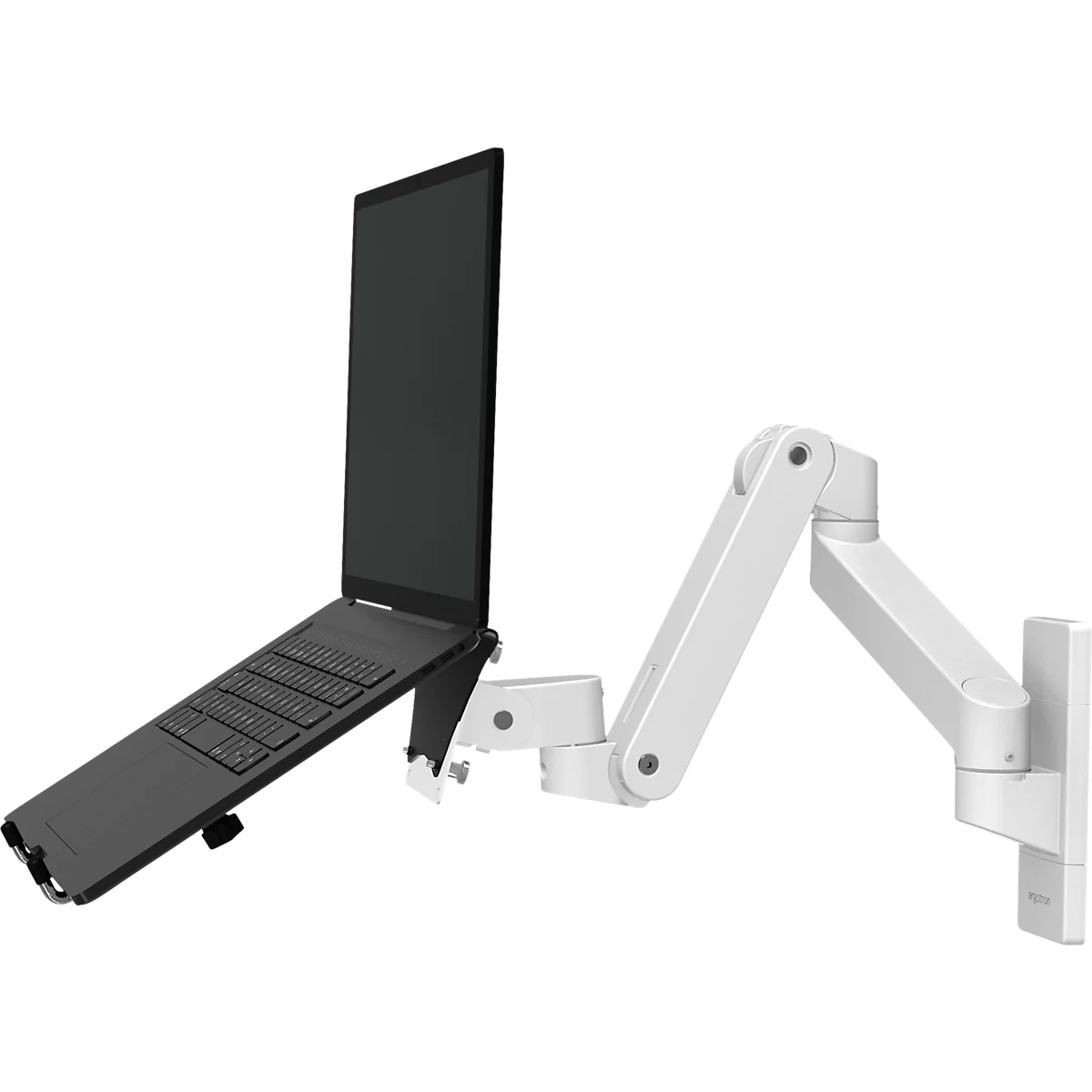 Ein Laptop auf einer weißen Wandhalterung. Die Halterung ist flexibel und kann den Laptop in verschiedenen Winkeln positionieren.