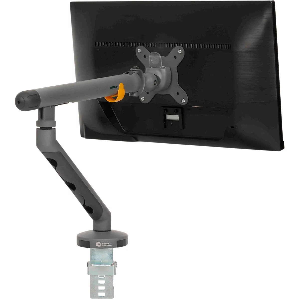 Monitorarm BakkerElkhuizen BE Flexibel, voor 1 monitor, tot 10 kg, draaibaar, kantelbaar en zwenkbaar, klembreedte 80 mm, VESA-compatibel, ergonomisch, in hoogte verstelbaar van 170 tot 582 mm, donkergrijs/zwart
