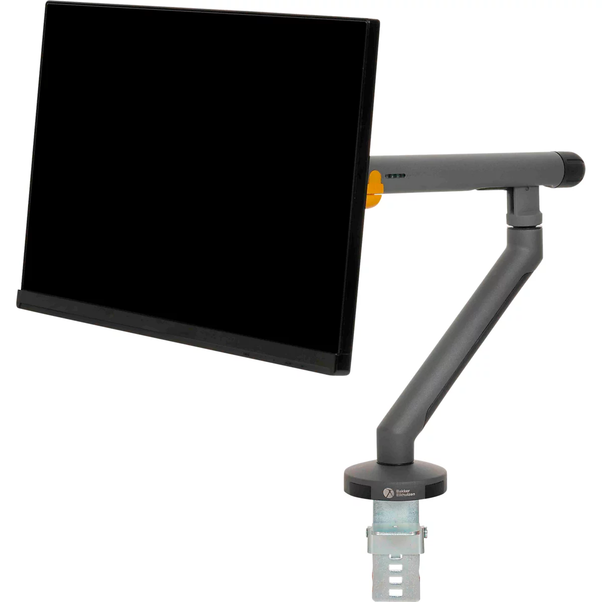 Monitorarm BakkerElkhuizen BE Flexibel, voor 1 monitor, tot 10 kg, draaibaar, kantelbaar en zwenkbaar, klembreedte 80 mm, VESA-compatibel, ergonomisch, in hoogte verstelbaar van 170 tot 582 mm, donkergrijs/zwart