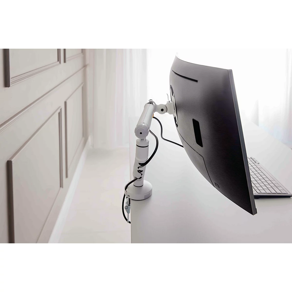 Monitorarm BakkerElkhuizen BE Flexibel, voor 1 monitor, tot 10 kg, draaibaar, kantelbaar en zwenkbaar, klembreedte 80 mm, VESA-compatibel, ergonomisch, in hoogte verstelbaar van 170 tot 582 mm, lichtgrijs/wit