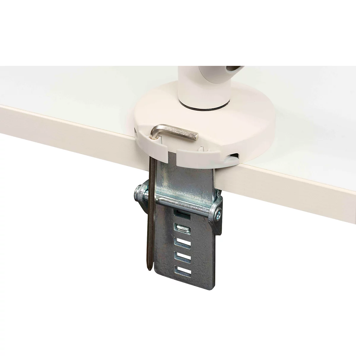 Monitorarm BakkerElkhuizen BE Flexibel, voor 1 monitor, tot 10 kg, draaibaar, kantelbaar en zwenkbaar, klembreedte 80 mm, VESA-compatibel, ergonomisch, in hoogte verstelbaar van 170 tot 582 mm, lichtgrijs/wit