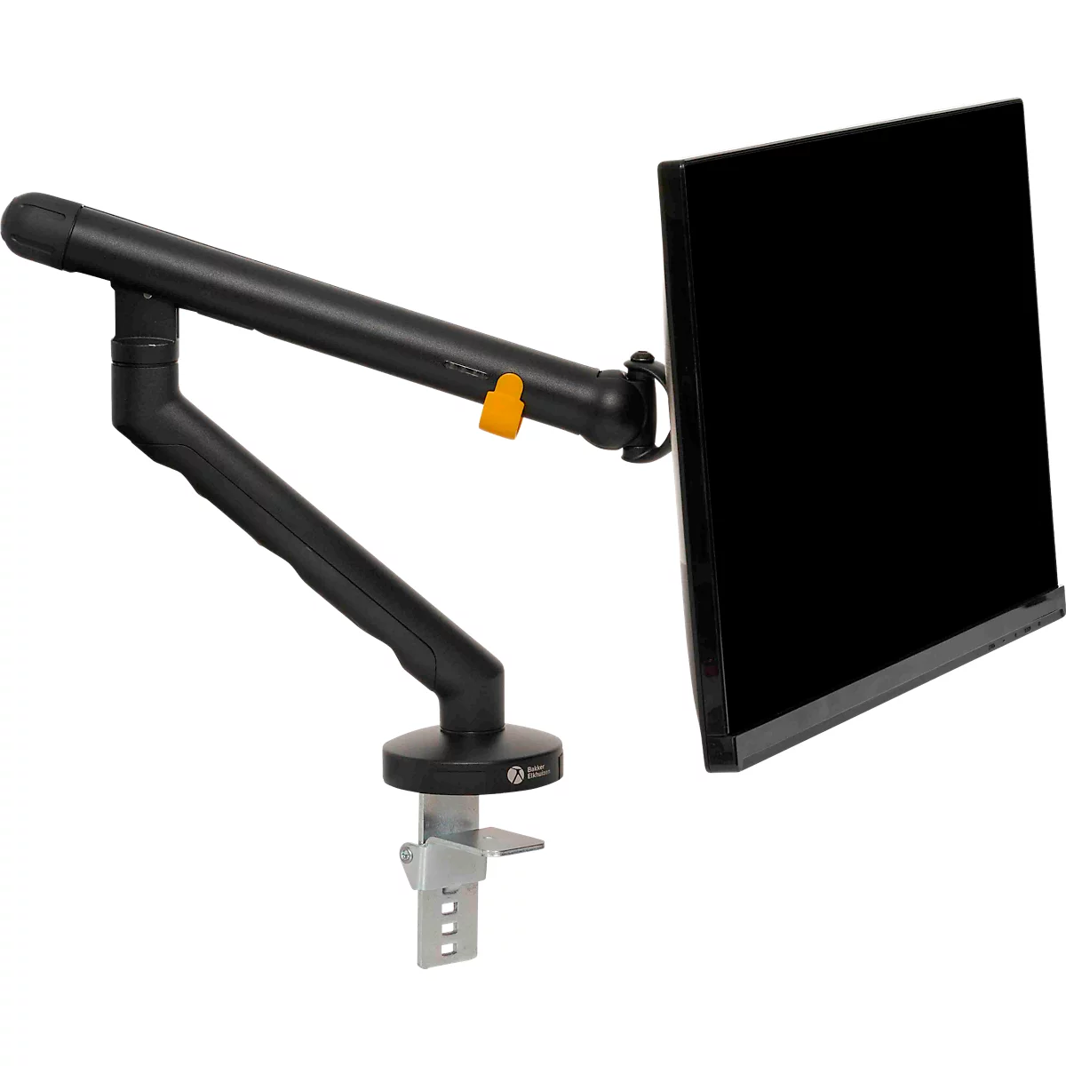 Monitorarm BakkerElkhuizen BE Flexibel, voor 1 monitor, tot 10 kg, draaibaar, kantelbaar en zwenkbaar, klembreedte 80 mm, VESA-compatibel, ergonomisch, in hoogte verstelbaar van 170 tot 582 mm, zwart
