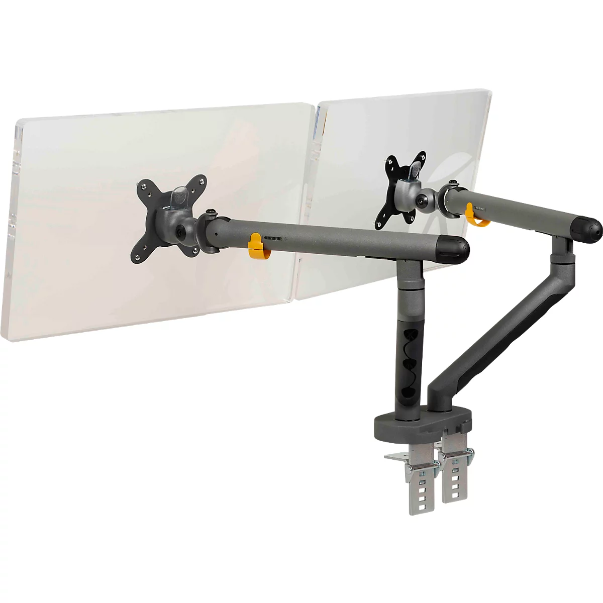 Monitorarm BakkerElkhuizen BE Flexible Dual, voor 2 monitoren, tot 10 kg, draaibaar, kantelbaar en zwenkbaar, klembreedte 80 mm, VESA-compatibel, ergonomisch, in hoogte verstelbaar van 170 tot 582 mm, donkergrijs/zwart