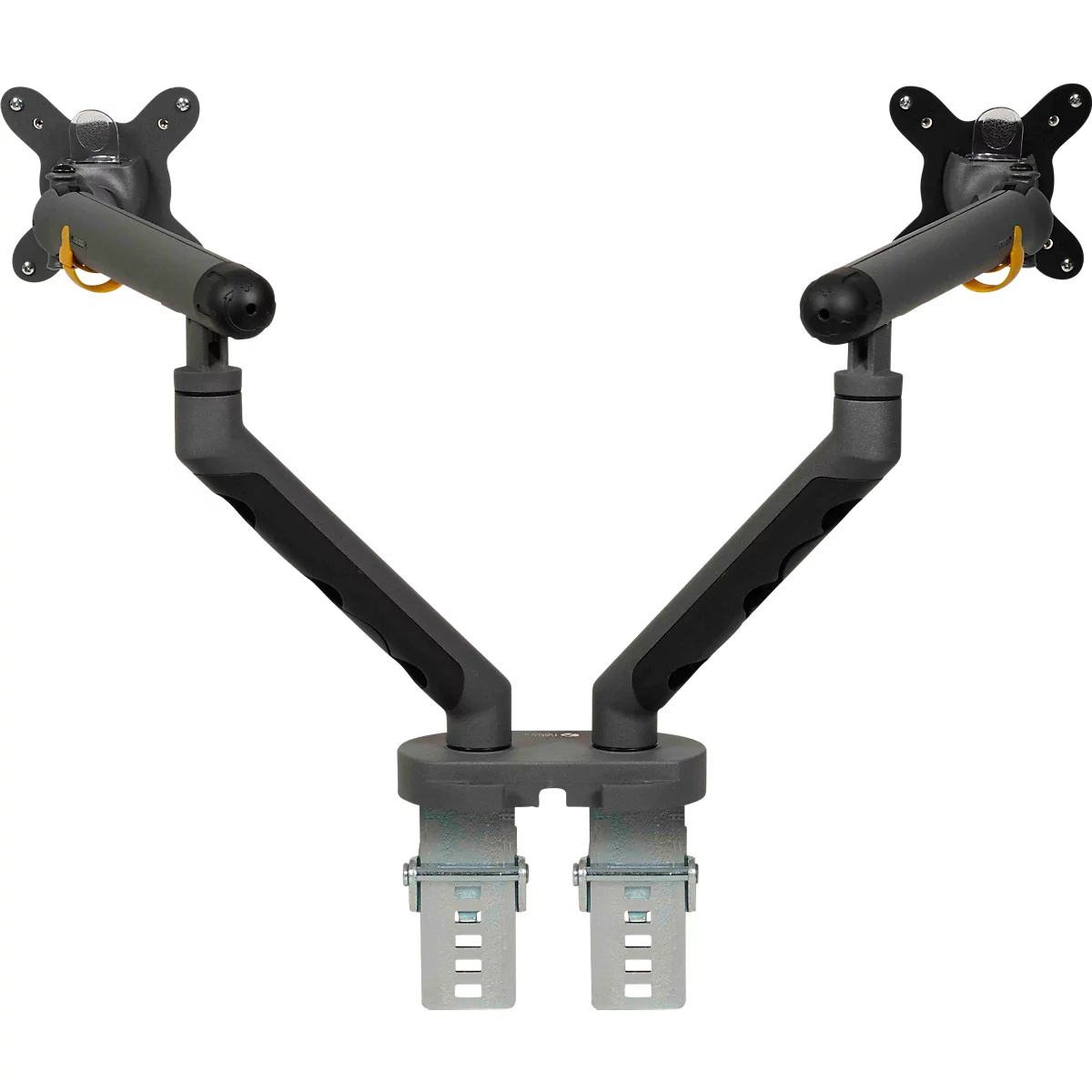 Monitorarm BakkerElkhuizen BE Flexible Dual, voor 2 monitoren, tot 10 kg, draaibaar, kantelbaar en zwenkbaar, klembreedte 80 mm, VESA-compatibel, ergonomisch, in hoogte verstelbaar van 170 tot 582 mm, donkergrijs/zwart