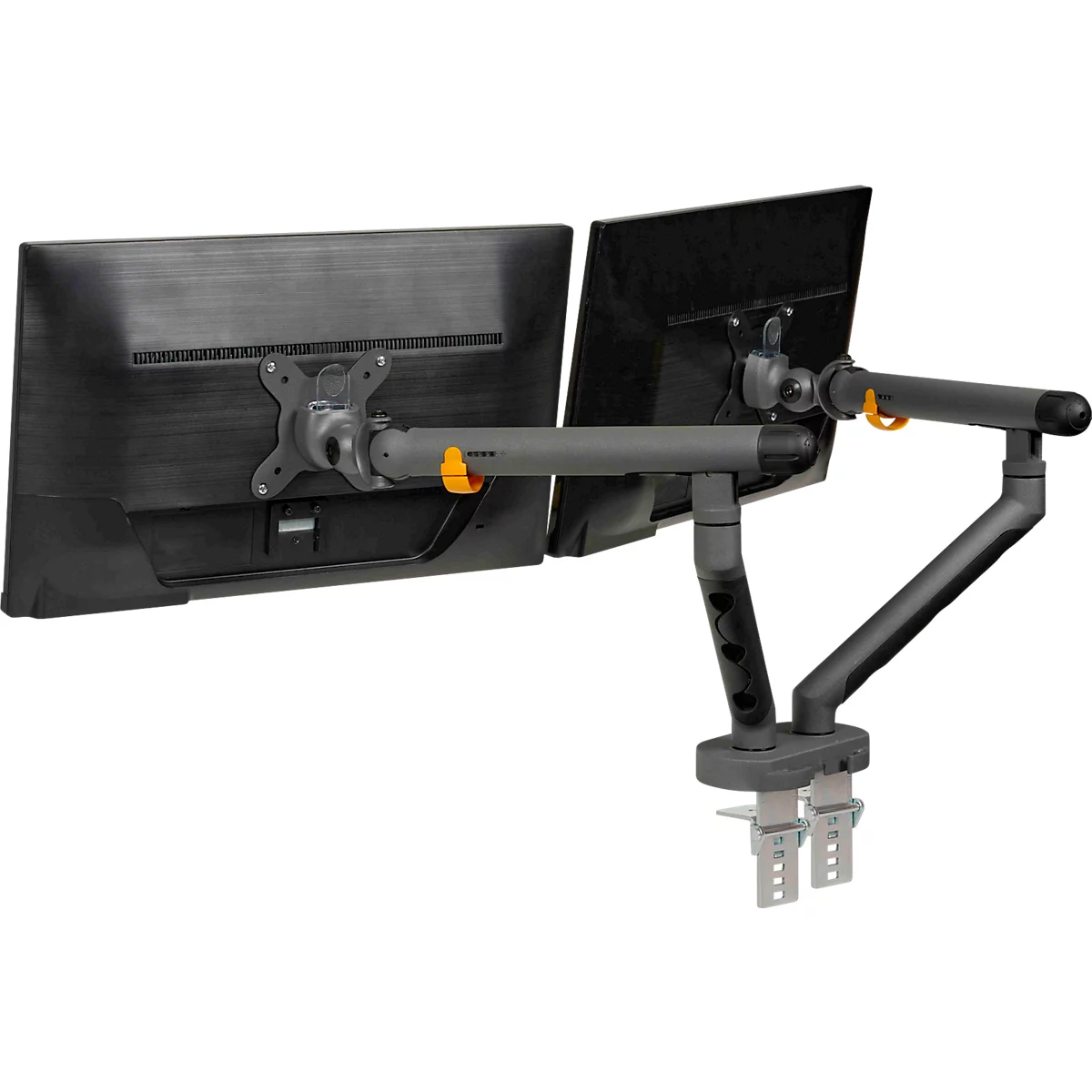 Monitorarm BakkerElkhuizen BE Flexible Dual, voor 2 monitoren, tot 10 kg, draaibaar, kantelbaar en zwenkbaar, klembreedte 80 mm, VESA-compatibel, ergonomisch, in hoogte verstelbaar van 170 tot 582 mm, donkergrijs/zwart