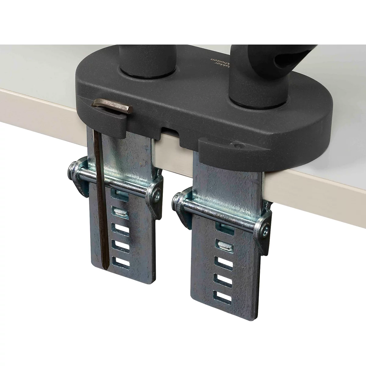 Monitorarm BakkerElkhuizen BE Flexible Dual, voor 2 monitoren, tot 10 kg, draaibaar, kantelbaar en zwenkbaar, klembreedte 80 mm, VESA-compatibel, ergonomisch, in hoogte verstelbaar van 170 tot 582 mm, donkergrijs/zwart