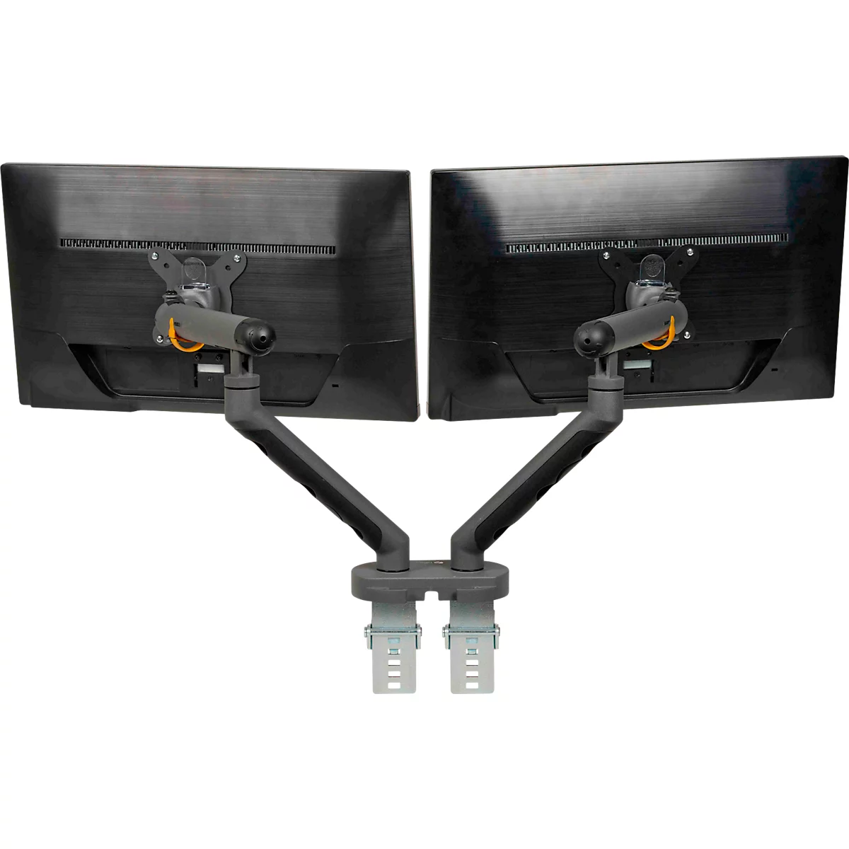 Monitorarm BakkerElkhuizen BE Flexible Dual, voor 2 monitoren, tot 10 kg, draaibaar, kantelbaar en zwenkbaar, klembreedte 80 mm, VESA-compatibel, ergonomisch, in hoogte verstelbaar van 170 tot 582 mm, donkergrijs/zwart