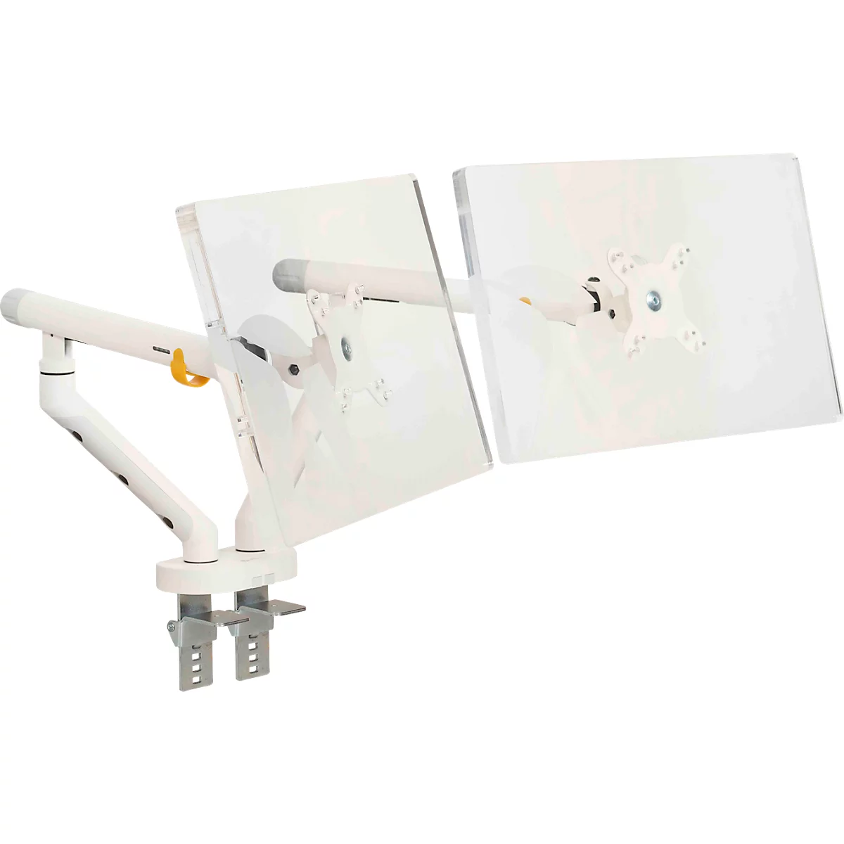 Monitorarm BakkerElkhuizen BE Flexible Dual, voor 2 monitoren, tot 10 kg, draaibaar, kantelbaar en zwenkbaar, klembreedte 80 mm, VESA-compatibel, ergonomisch, in hoogte verstelbaar van 170 tot 582 mm, lichtgrijs/wit