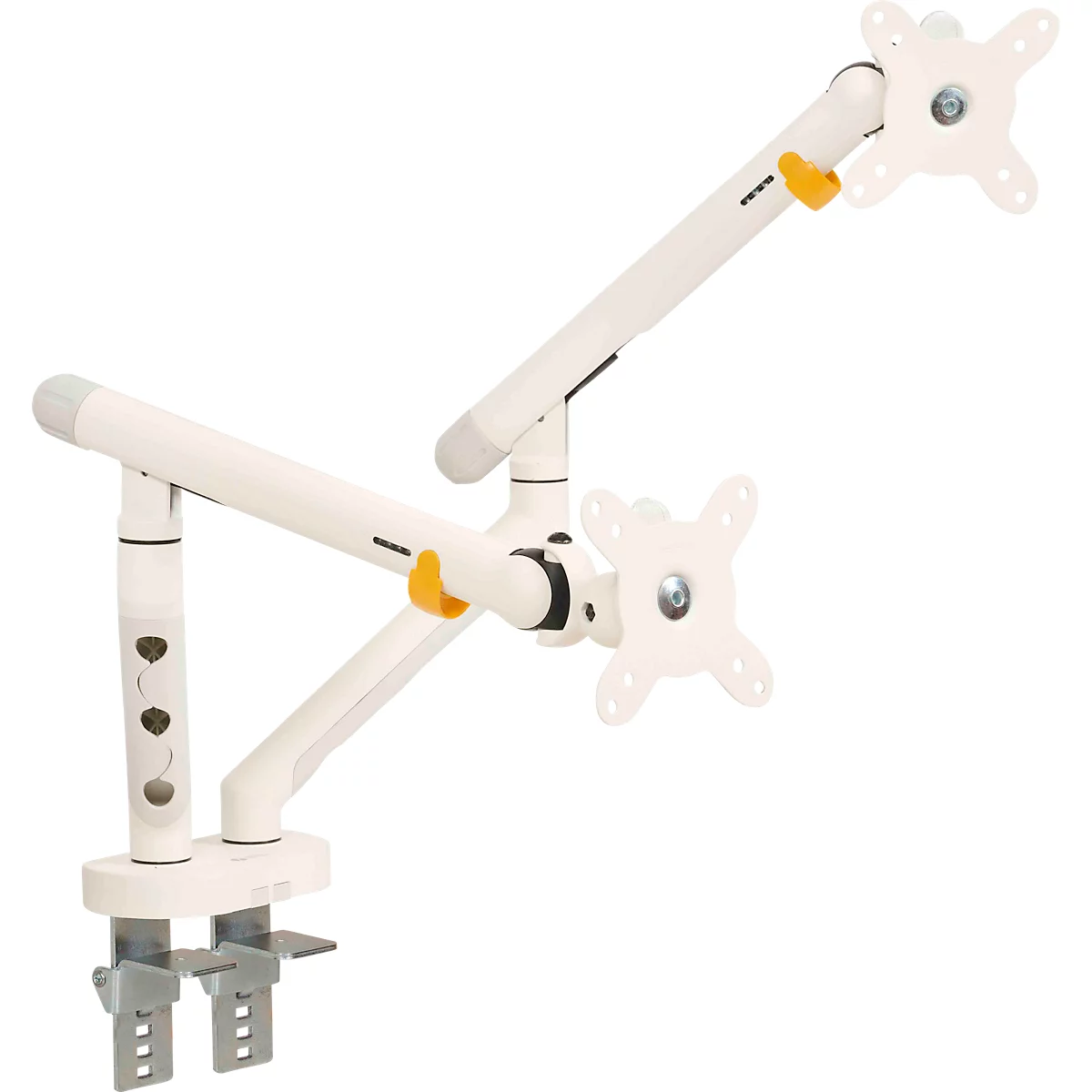 Monitorarm BakkerElkhuizen BE Flexible Dual, voor 2 monitoren, tot 10 kg, draaibaar, kantelbaar en zwenkbaar, klembreedte 80 mm, VESA-compatibel, ergonomisch, in hoogte verstelbaar van 170 tot 582 mm, lichtgrijs/wit